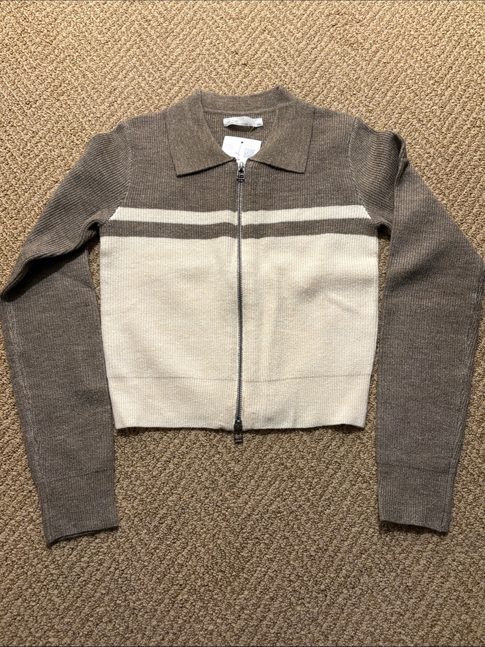 OAK + FORT Brown and Cream Zip-Front Cropped Cardigan